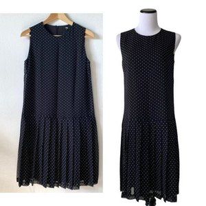 NWT $39 UNIQLO Sz S Black Polka Dot Drop Waist Pleated Dress